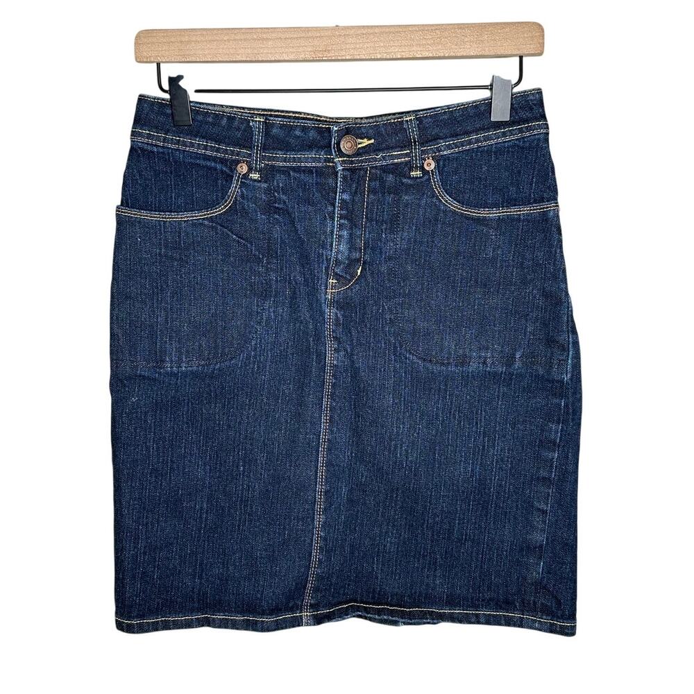 Banana‎ Republic Vintage Denim Mini Skirt Sz 0 Dark Wash Red Brown Stitching EUC